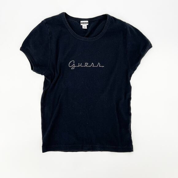 Y2k Vintage Guess Jeans Rhinestone Logo Baby Tee Black Large - Picture 1 of 6